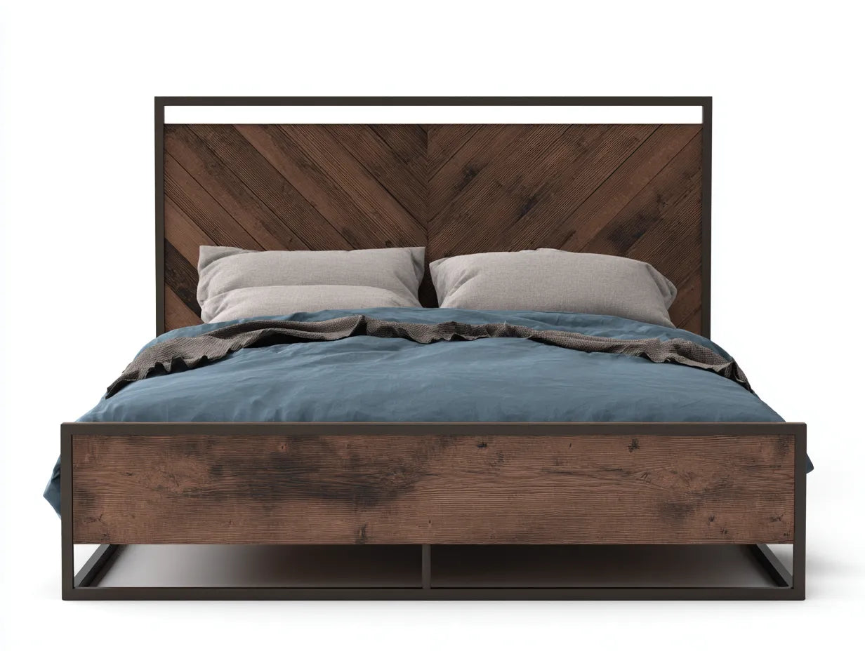 Doppelbett aus Holz und Metall 200x180x110 cm - dunkelbraun und schwarz - für das Schlafzimmer - Industrial-Design mit markantem Kopfteil