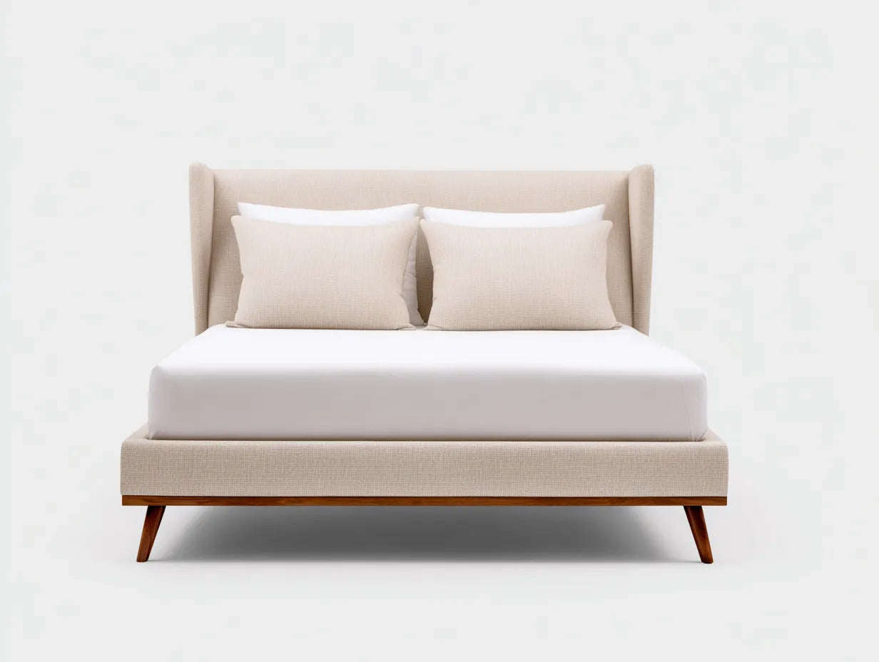 Polsterdoppelbett 200x180x108 cm - cremeweiß und nussbaumfarben - für das Schlafzimmer - elegantes Design mit seitlichem Kopfteilrahmen
