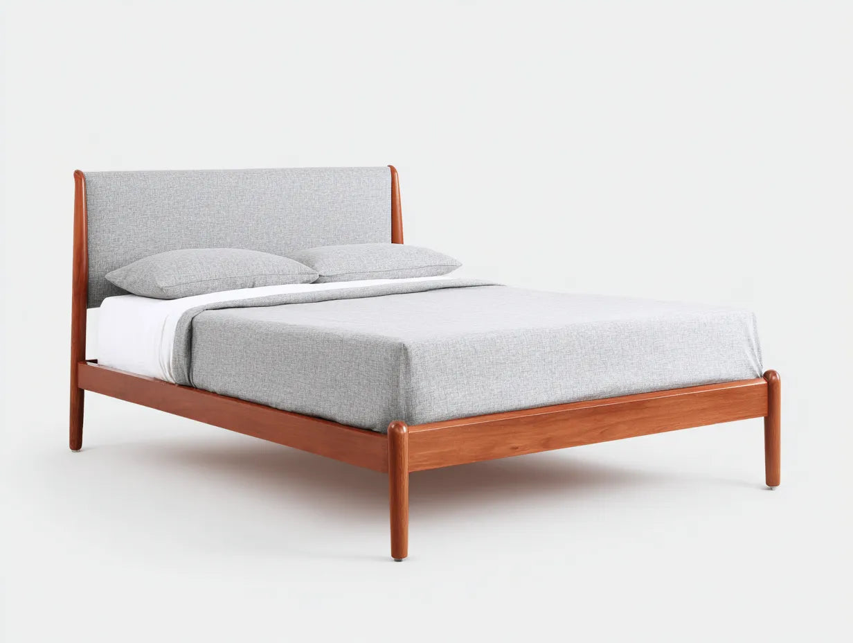 Doppelbett aus Holz 200x160x100 cm - kirschbraun und hellgrau - für das Schlafzimmer - modernes Design mit gepolstertem Kopfteil